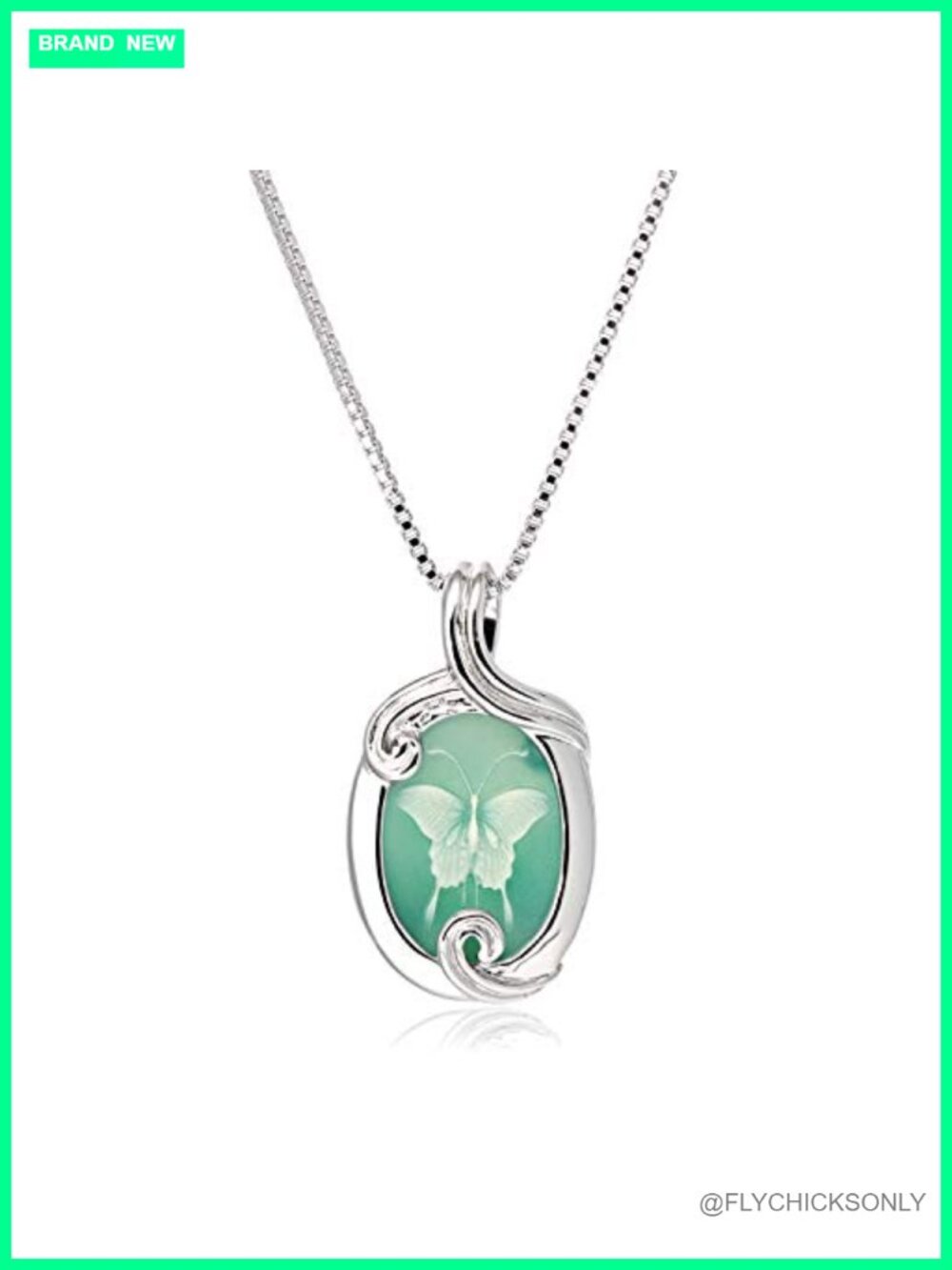 Sterling Silver Rhodium Plated Butterfly Pendant Necklace Green Agate